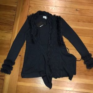 purple grey cardigan sweater with fur